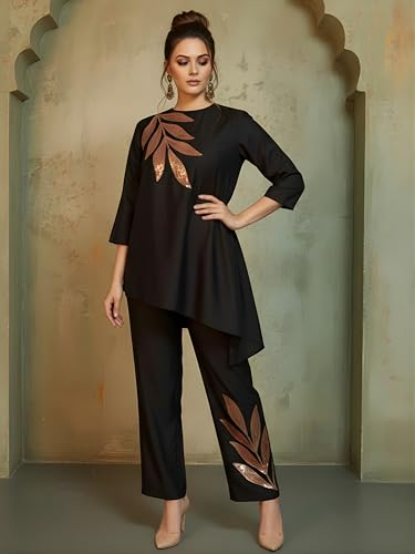 Image of Women's Magenta Chanderi Sequin Embroidered Co-ord Set | Round Neck 3 /4 Sleeve Asymmetric Top with Trousers | Festive Co-ord for Party, Wedding