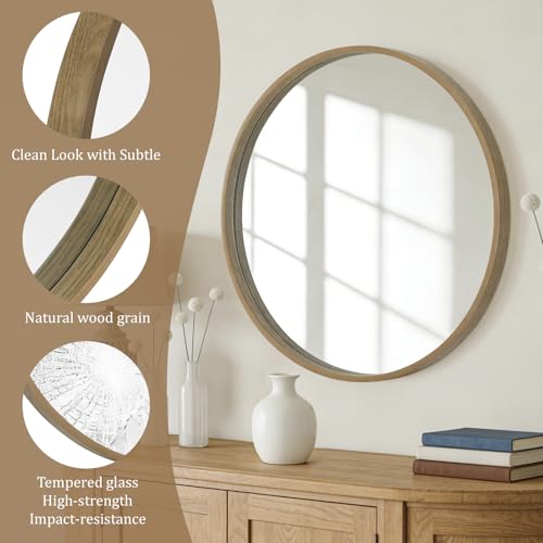 Image of WallBeyond Round Wood Mirror, 32 inch Round Modern Decoration Large Circle Wall Mirror for Bathroom Living Room Bedroom Entryway, Honey