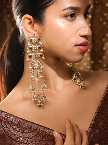 Image of Rubans Long Jhumka Earrings with Ear Chain Pearl Beaded Traditional Wedding Jewellery Gift for Women & Girls