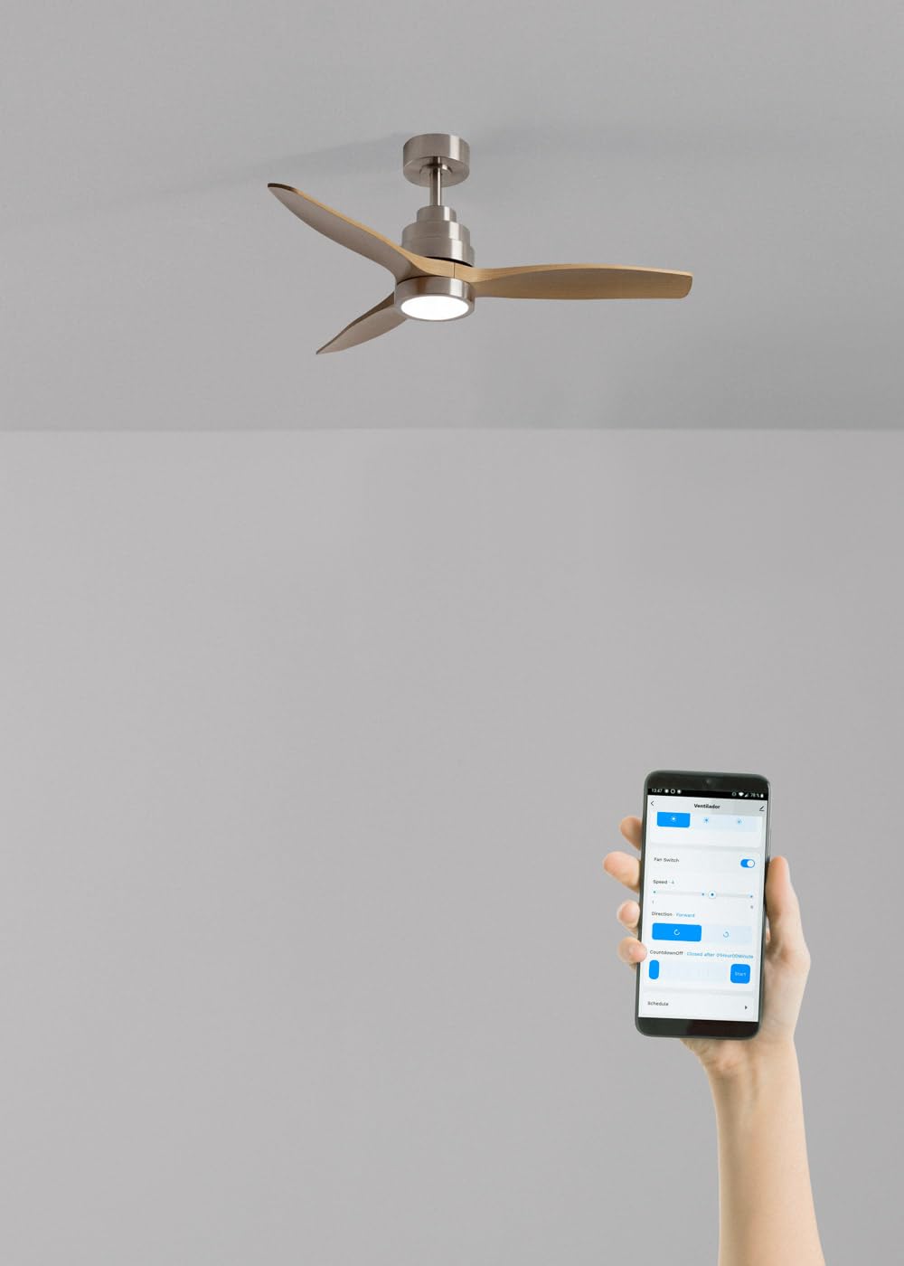 CREATE / WINDSTYLANCE S/Ventilador de techo ABS con luz níquel aspas efecto madera clara con Wifi y mando / 40W, Temporizador, Ø112 cm, 6 velocidades, temporizador, verano-invierno, doble altura