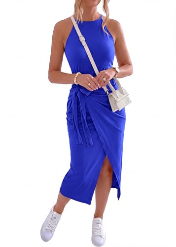 Image of NOLLSOM Women Casual Sleeveless Striped Tank Midi Dresses Halter Neck Ruched Bodycon Dresses Tie Waist T Shirt Summer Dress