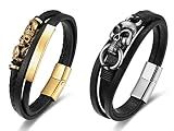 BIYONGDE Bundle 1 pc Black Braided Leather Bracelet, Steel Gold Color Snake Crown Skull ID + 1pc Bla