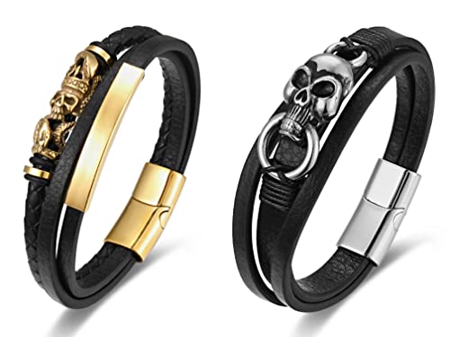 Biyongde Bundle 1 Pc Black Braided Leather Bracelet, Steel Gold Color Snake Crown Skull Id + 1Pc Black Leather Bangle Bracelet, Three-Strand, Vintage Stainless Steel Skull Charm #TOP18