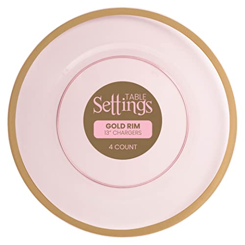 Plasticpro Plastic Pro 4 Pack Charger Plates 13 Inch Clear Pink With Gold Rim Plastic Dinner Chargers Heavy Duty Large Serving Platter Reusable Disposable #TOP4
