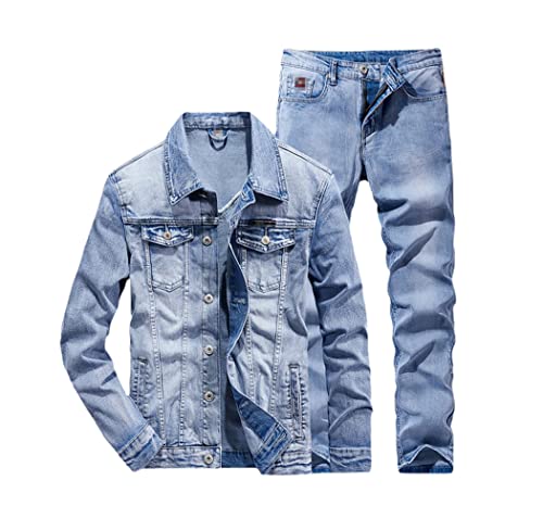 Ensemble denim 2 pièces homme veste déchirée et jean slim style punk bleu clair