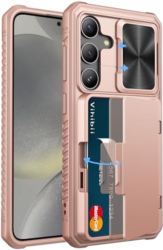 Image of Vihibii PC For Samsung Galaxy S24 Back Cover With Slide Camera Cover & Card Holder (4 Cards) & Kickstand, Hard Case For Galaxy S24 6.2 inch 2024, Rose Gold