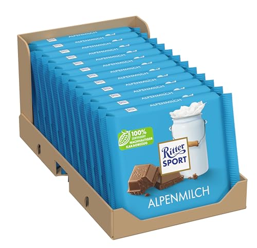 Ritter Sport Alpenmilch Vollmilchschokolade mit feiner Honig- & Karamellnote Schokoladen-Klassiker perfekt zum Naschen und Genießen Geschenkidee 12 x 100g Tafeln