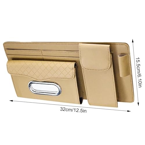 Image of DETACHI Car Sun Visor Organizer with Tissue Paper, Sunglass Pen Card Small Document Storage Pouch & PhoneHolder, Leatherette, Multi-Pocket with Zipper Net-(Beige, 18X3X37CM)
