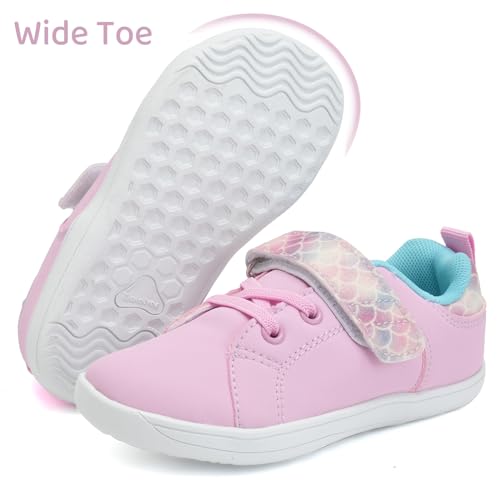 WateLves Toddler Little Kid Wide Barefoot The First Walking Shoes Girls Boys Leather Uniform Dress Shoes Lightweight Splay Naturally Minimalist Sneakers (Pink, 22)2