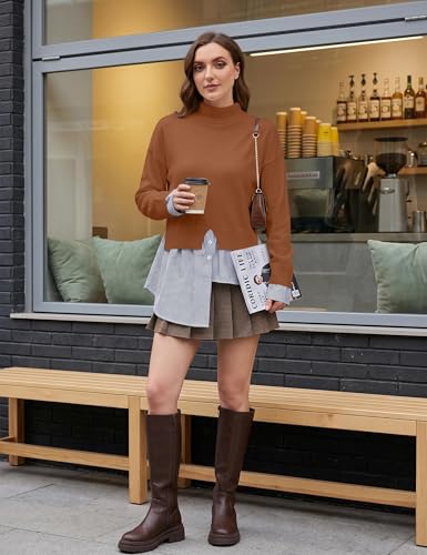 Image of Turtleneck Asymmetrical Sweaters for Women Patchwork 2 in 1 Pullover Knit Sweater Slit Button Down Shirt 2026 Fall