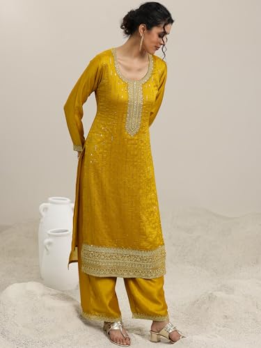 Image of Libas Embellished Silk Blend A-Line Kurta With Palazzo and Dupatta