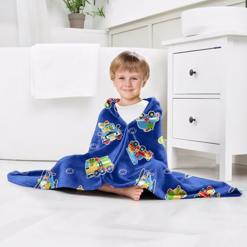 Image of Engineering Vehicle Boys Beach Towel with Hoodie for Kids Toddlers Age 4-8,Car Blue Bath Towels Shower Wrap for Boys, Hooded Poncho Beach Blanket for Pool Swimming Cute Wearable Bath Towel for Child