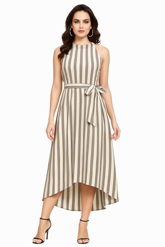 Image of Women Fit & Flare High Low Midi Dress | Sleeveless Round Neck One Piece Dress with Waist Tie Detail | Flowy Western Dress for Party and Casual Styling