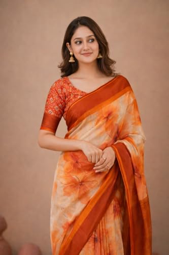 Image of Jack & Jini Women's Floral Print Pure Georgette Saree with Blouse Piece | Soft Casual & Festive Drape | Gift for Mother, Wife.