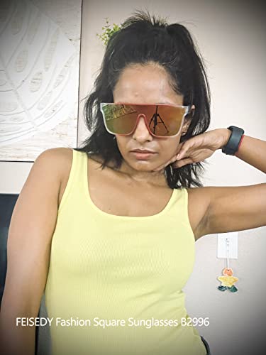 Image of FEISEDY Sunglasses for Women Men, Fashion Mirrored Single Lens Shades | 80s Rave Neon Oversized Sun Glasses, Driving Beach UV400 Sunnies B2996