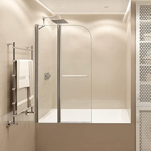 SIEPUNK Frameless Shower Door for Bathtub, 36 in. W x 55 in. H Pivot Tub Screen, Tempered Glass Shower Door with Towel Handle Chrome