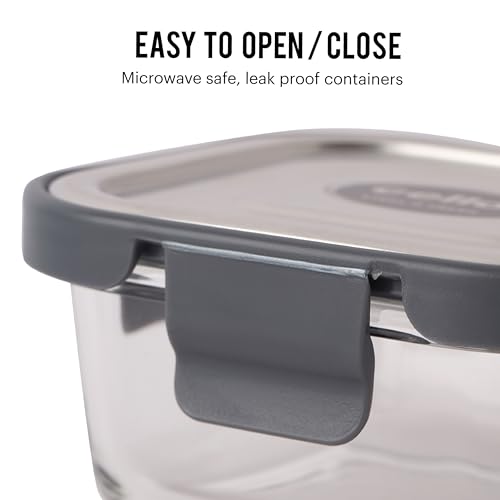 Image of CELLO Steel-O Fresh Square Toughened Glass Container 320ml, Grey | Multipurpose Storage | Microwave, Oven, Freezer & Dishwasher Safe | Leakproof Lid | Glass Container For Kitchen, Fridge & Office