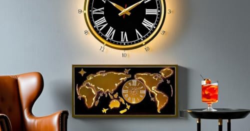 Image of METSYMetal Laser Cut (World Map with Analogue Clock) Wall Hanging Gold World map (Black & gold 5 * 2.5) gold lightening black and golden map wall decor for living room