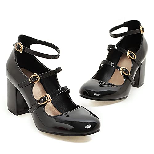 MOOMMO High Chunky Heel Mary Janes for Women Round Closed Toe Patent Leather Mary Jane Pumps Triple Ankle Strap Sexy 3” Block Heels Dress Shoes Sandals Sexy Party Wedding Cute 4-10 M US4