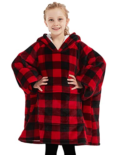 Image of KFUBUO Wearable Blanket Hoodie for Kids With Pocket, 6-10 Year Old, Plaid | Sherpa, Heavy Material, Oversized Sweatshirt Blanket, Kids Blanket, Girl Boy Gifts, Hooded Blanket Kids, Cozy Gifts for Kids