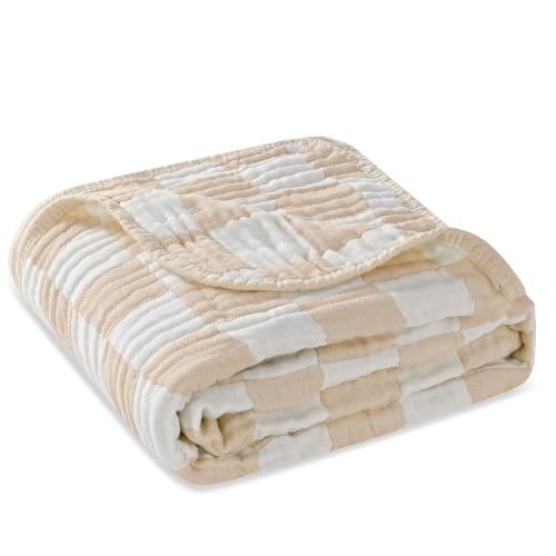 Image of Ultra Soft Muslin Baby Blanket - Made with Organic Cotton, Neutral Earth Tone Checkered Swaddle & Crib Quilt, 43x43 (Beige)