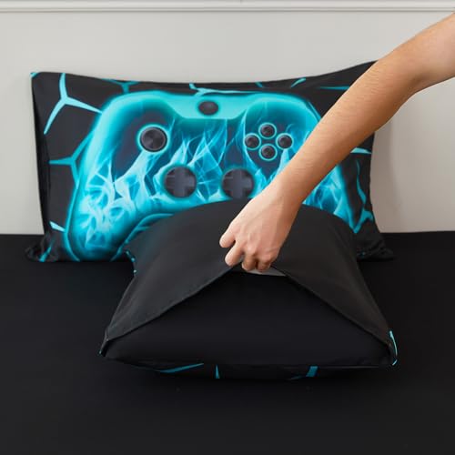 Image of ZRNBAST 6 Pieces Twin Bed in a Bag, Teal Gaming Comforter Set for Boys