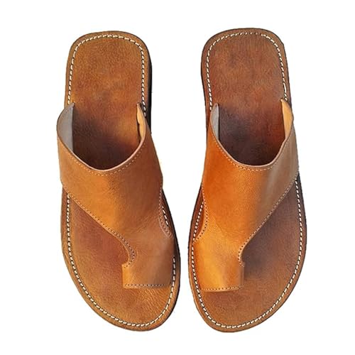 Sandalias Casuales De Cuero Para Hombre Con Anillo El Dedo Del Pie Para Verano Con Corrector De Juanetes， Chanclas Correctoras De Punta Cuadrada Con Aberturas Delanteras Y Traseras(Brown,44 EU)