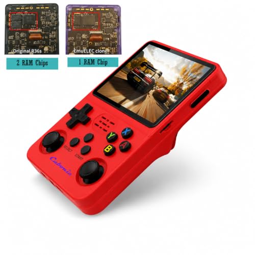 Image of Cubonic CrystalPlay ORIGINAL R36S Dual Ram Retro Gaming Console, Transparent PixelGlass, 3.5-Inch LCD Screen, RK3326 Quad-Core, 15000+ Games, Dual Joystick, Support MAX 256GB Storage, 3000mAh Battery (red)