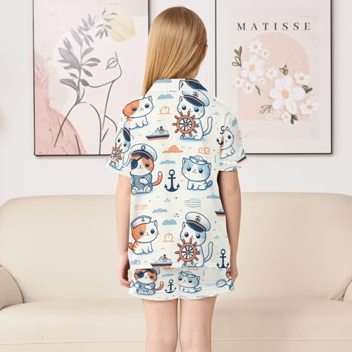 ALAZA Cartoon Cat Anchor Wave Pajamas Satin Pajama Set Short Sleeve Button Down Sleepwear4
