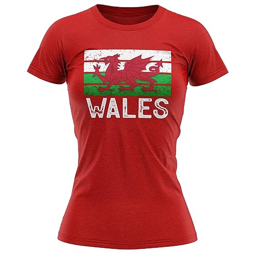 Womens Wales Flag Rugby T Shirt Cymru Vintage Tee Ladies Welsh Dragon Top, L, Red