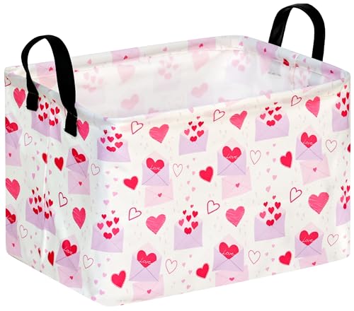 Image of MAIZMZ Empty Gift Basket for Girls Heart Print Storage Cube for Women, Closet Shelf Waterproof Organizer Bins with Handles Nursery hamper Kids Toys Books Box Room Deco