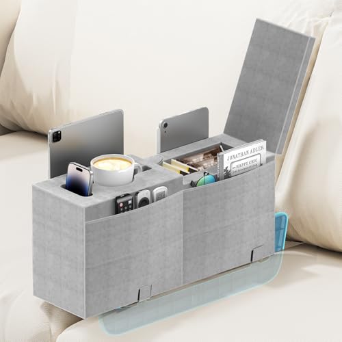 Sofa Armrest Pillow with Cup Holder, Large Removable Couch Armrest Cushion Tray Drink Holder Caddy with 4 Side Pockets for Remote, Glasses, Phone, Game Controller, iPad and Magazines-9.45in Height