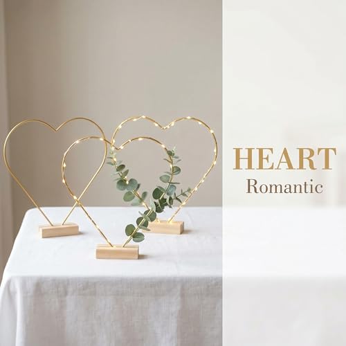 Image of jojofuny 10 Sets Heart Shaped Floral Hoop Centerpiece with Wooden Stand, 9.8 inch x 10.6 inch Metal Wreath Rings, Gold Heart Wire Hoops for Wedding Table Decorations, DIY Dream Catcher Craft Kit