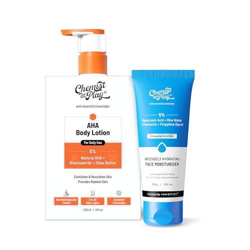Image of Chemist At Play Hydrating Face Moisturizer & AHA Body Lotion Combo | 24-Hour Hydration, Repairs Skin Barrier | 5% AHA, Niacinamide & Shea Butter | Exfoliates & Brightens | For Dry Skin | 100g & 236ml