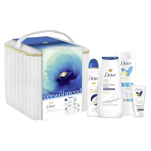 Dove Geschenkset Verwöhnend mit Anti Transpirant, Duschcreme, Handcreme, Body Lotion und Kosmetiktasche (150 ml + 225 ml + 400 ml + 75 ml)