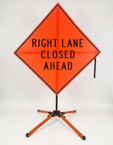 Traffic Roll-Up Sign Kit with Stand – Collapsible Safety Sign & Heavy-Duty Portable Stand, High Visibility, Easy Setup (Right Lane Closed Ahead, Mesh)