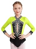 Alvivi Vestido de Patinaje Artístico Niña Maillot Danza Manga Larga con Pedrería Brillante Maillot con Falda Ballet Disfraz Bailarina para Competición 5-16 Años Amarillo 13-14 años