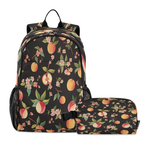 Sac à dos étudiant fleurs de pêcher noir complet avec boîte à lunch pour l'école des garçons