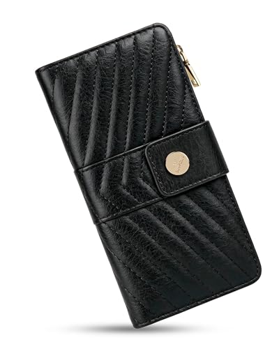 Image of Black Women's Trifold Wallet,Large Capacity RFID Long Wallet | 16 Card Slots,2 ID Windows,4 Bill Compartments,Vegan Leather,Double Zipper Pockets,Large Capacity Organizer
