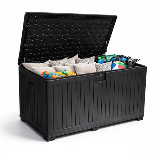 Image of 320 Gallon Deck Box with 6 Waterproof Foot Pads, Resin Storage Box Weatherproof, Plastic Cushion Container with Lock and Lids for Pool Equipment, Black