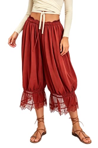 Image of UAURORAO Women Lace Trim Bloomer Pants Flowy Culottes Pantaloons Bloomers