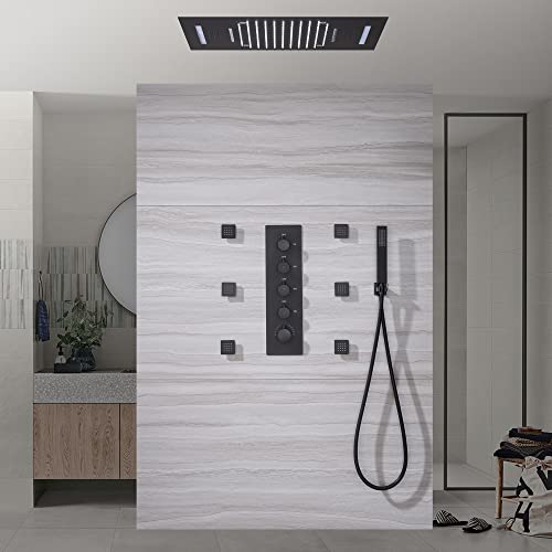 Cascada Luxury 15” x 23” Sistema de ducha con LED, música, altavoces Bluetooth incorporados, 4 funciones (Cascada, Lluvia, Chorros corporales y Ducha de mano) y control remoto con 64 colores (Acabado dorado pulido)