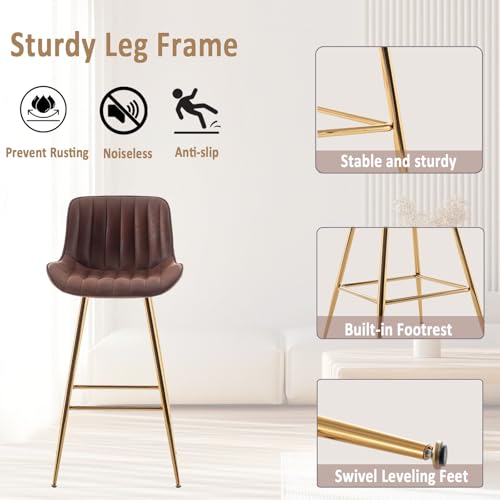 Image of Sidanli Velvet Bar Stools Set of 2, Armless Bar Chairs with Gold Metal Legs, 29inch Counter Height Kitchen Island Stools with Back, Brown
