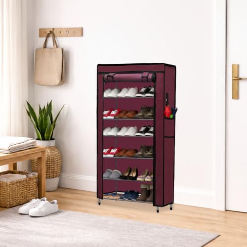 Image of Metal Shoe Stand with Cover, 6 Tier Shoe Organizer for Home & Office - Maroon