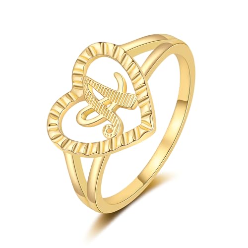 RLMOON Gold Initial Ring for Women Vintage Initial Heart Love Ring Non Tarnish 14K Gold Plated Personalized Carved Letter Statement Stacking Ring Size 6-10 Jewelry Gifts