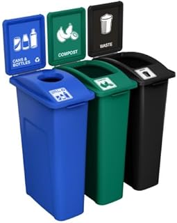 Waste Wise 69 Gallon Recycled HDPE Waste and Recycling Center for Commercial Spaces for Organics, Cans, Waste with Lids with Signs