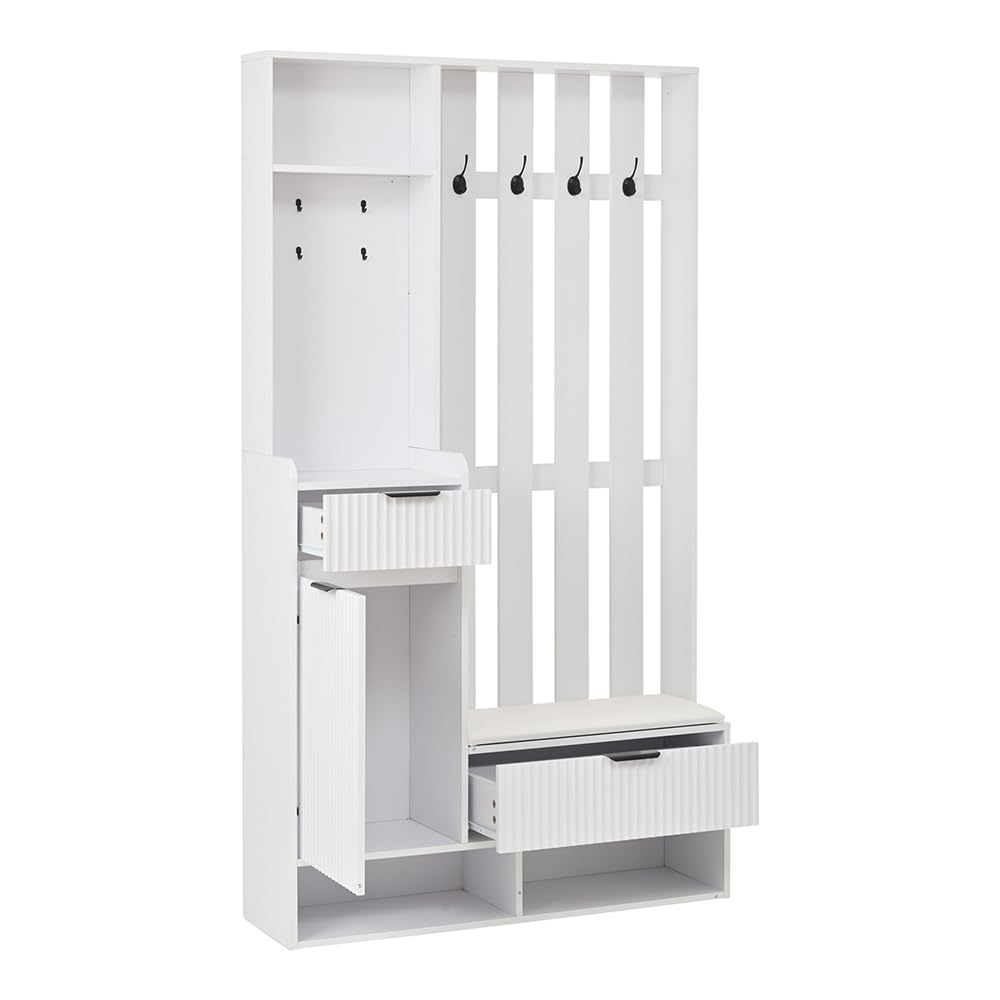 Ensemble multifonctionnel de rangement 100*30*180cm, Porte-manteau avec 8 crochets, banc à chaussures et étagère, dispositif anti-basculement, porte-manteau compact avec tiroirs et placard, blanc