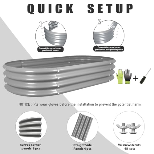 Tramull 6 Pack 4x2x1FT Galvanized Raised Garden Bed Kit Oval Metal Ground Planter Box Outdoor Bottomless Planter Raised Beds for Vegetables Flowers Herbs Fruits, Gray - Thumbnail 4