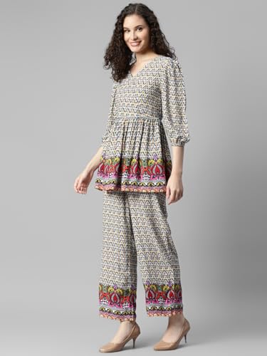 Image of DEEBACO Women's Ethnic Motif Print Rayon Top & Pants Co Ord Set For Women V Neck 3 /4 Puff Sleeve Ladies Party Casual Wear Fashionable For Girls Loose Fit Cord Set (DBCOMR00000979 M Multicolor)