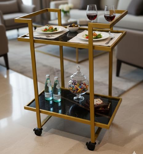 Image of Elegant Golden Iron Bar Cart Trolley with Wheels Serving Trolley for Home Kitchen Dining Hotel Restaurant Modern Furniture